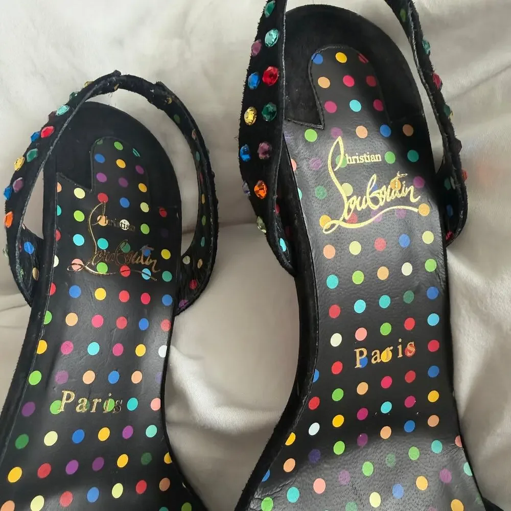 Christian Louboutin O Marylin 100 Black Polka Slingback Sandal Heel Pump 37.5